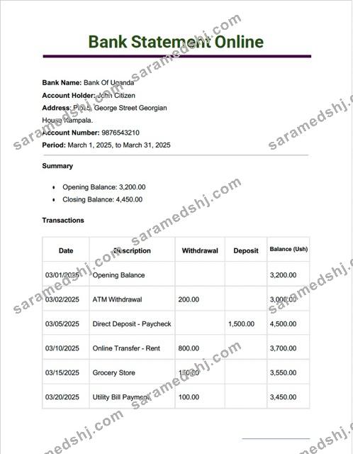 Uganda Bank of Uganda bank statement online Word and PDF template